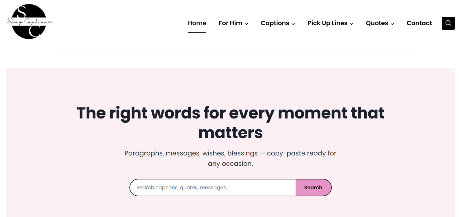 Homepage of swagcaptions.com showing the site navigation, hero heading, and search bar